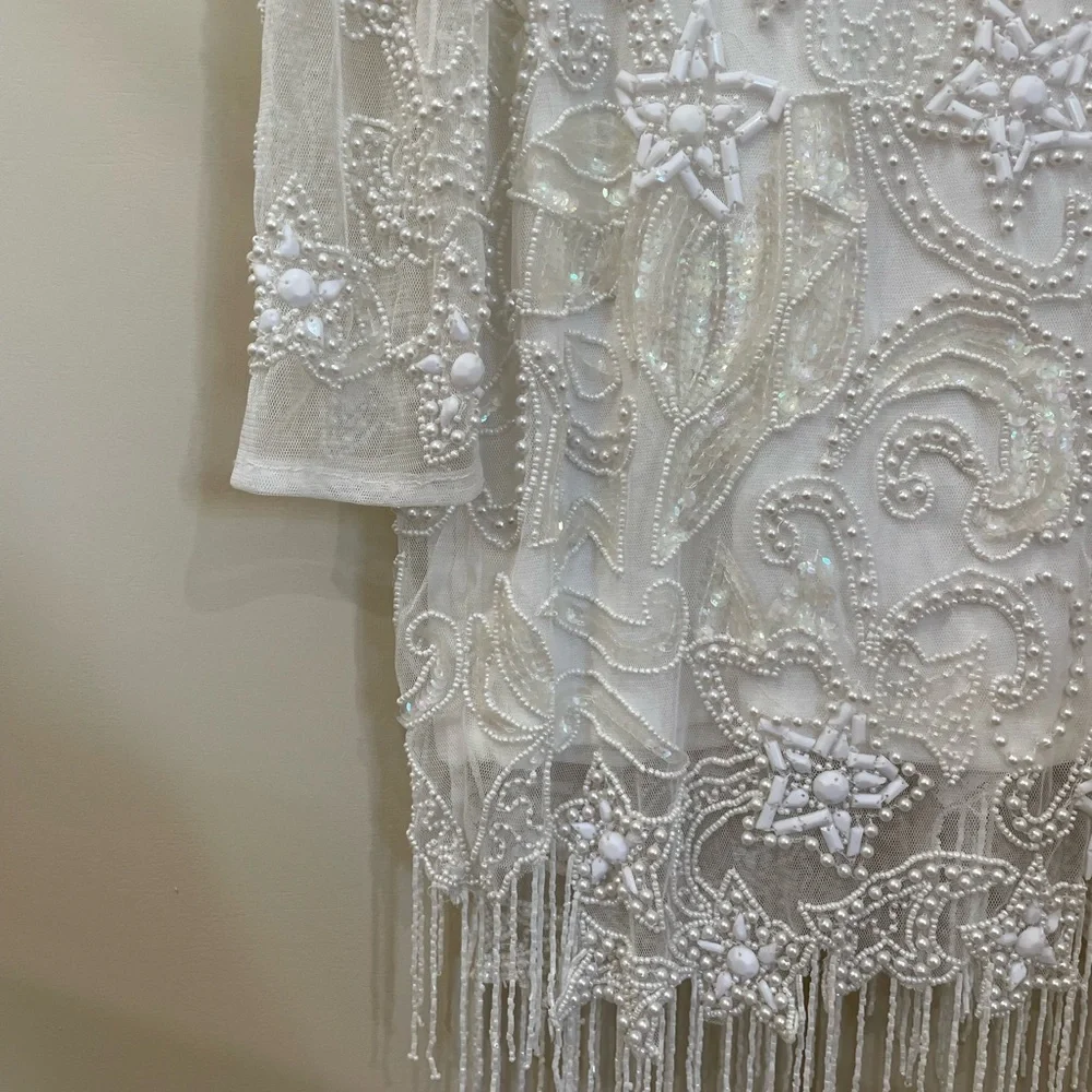 NWT ASOS Edition White Beaded Mesh Fringe Mini Dress Plus Bridal Wedding - Picture 7 of 15